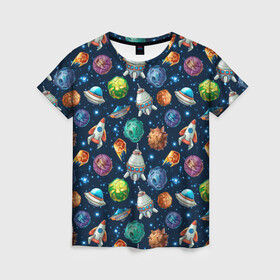 Женская футболка 3D с принтом Мультяшные планеты в Петрозаводске, 100% полиэфир ( синтетическое хлопкоподобное полотно) | прямой крой, круглый вырез горловины, длина до линии бедер | space | арт | звезды | корабли | космос | планеты | ракеты | созвездия