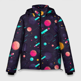 Мужская зимняя куртка 3D с принтом Космические движения комет в Петрозаводске, верх — 100% полиэстер; подкладка — 100% полиэстер; утеплитель — 100% полиэстер | длина ниже бедра, свободный силуэт Оверсайз. Есть воротник-стойка, отстегивающийся капюшон и ветрозащитная планка. 

Боковые карманы с листочкой на кнопках и внутренний карман на молнии. | space | арт | звезды | кометы | космос | метеориты | планеты | созвездия