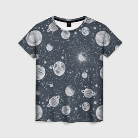 Женская футболка 3D с принтом Звезды, планеты и созвездия в Петрозаводске, 100% полиэфир ( синтетическое хлопкоподобное полотно) | прямой крой, круглый вырез горловины, длина до линии бедер | space | арт | звезды | кометы | космос | метеориты | планеты | созвездия