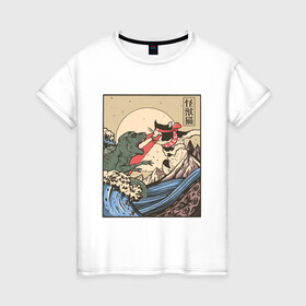 Женская футболка хлопок с принтом Cat Kong versus Godzilla Kaiju в Петрозаводске, 100% хлопок | прямой крой, круглый вырез горловины, длина до линии бедер, слегка спущенное плечо | catzilla | japan | kitty | poster parody | samurai | ukiyo e | wave | арт | большая волна | гигантский котёнок | гигантский монстр | годзилла против кинг конга | кайдзю | кот | котзилла | котик | котята | пародия на постер