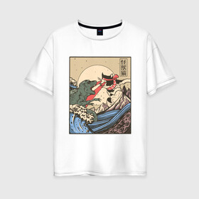 Женская футболка хлопок Oversize с принтом Cat Kong versus Godzilla Kaiju в Петрозаводске, 100% хлопок | свободный крой, круглый ворот, спущенный рукав, длина до линии бедер
 | catzilla | japan | kitty | poster parody | samurai | ukiyo e | wave | арт | большая волна | гигантский котёнок | гигантский монстр | годзилла против кинг конга | кайдзю | кот | котзилла | котик | котята | пародия на постер