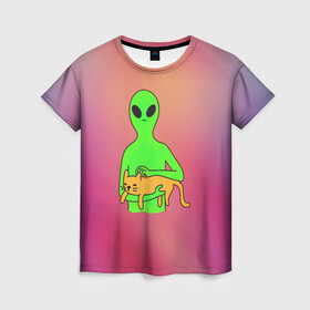 Женская футболка 3D с принтом Пришелец с котом в Петрозаводске, 100% полиэфир ( синтетическое хлопкоподобное полотно) | прямой крой, круглый вырез горловины, длина до линии бедер | alien | invaders | гуманоид | день космонавтики | инопланетянин | космос | кот | неон | пришелец