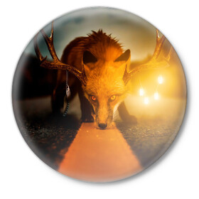 Значок с принтом Лиса с рогами оленя в Петрозаводске,  металл | круглая форма, металлическая застежка в виде булавки | Тематика изображения на принте: fox | foxy | животное | звери | лиса | лисенок | лисичка | милая | рыжая | фокс