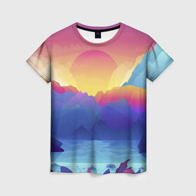 Женская футболка 3D с принтом Красочные Горы в Петрозаводске, 100% полиэфир ( синтетическое хлопкоподобное полотно) | прямой крой, круглый вырез горловины, длина до линии бедер | горы | красочные горы | минимализм | море | небо | природа | рисунок | солнце