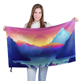 Флаг 3D с принтом Красочные Горы в Петрозаводске, 100% полиэстер | плотность ткани — 95 г/м2, размер — 67 х 109 см. Принт наносится с одной стороны | горы | красочные горы | минимализм | море | небо | природа | рисунок | солнце