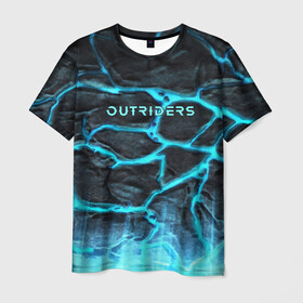 Мужская футболка 3D с принтом OUTRIDERS в Петрозаводске, 100% полиэфир | прямой крой, круглый вырез горловины, длина до линии бедер | outriders | земля | игра | надпись | неон | рисунок | трикстер