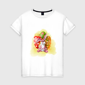 Женская футболка хлопок с принтом Пасхальный кролик в Петрозаводске, 100% хлопок | прямой крой, круглый вырез горловины, длина до линии бедер, слегка спущенное плечо | арт | заяц | звери | кролик | пасха | принт