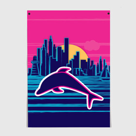 Постер с принтом Ретро дельфин в Петрозаводске, 100% бумага
 | бумага, плотность 150 мг. Матовая, но за счет высокого коэффициента гладкости имеет небольшой блеск и дает на свету блики, но в отличии от глянцевой бумаги не покрыта лаком | город | дельфин | закат | море | ретро
