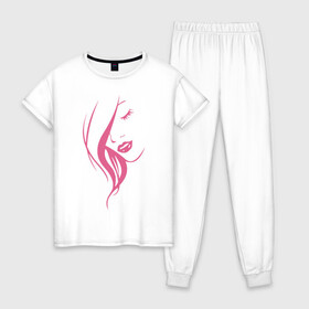 Женская пижама хлопок с принтом Модель в Петрозаводске, 100% хлопок | брюки и футболка прямого кроя, без карманов, на брюках мягкая резинка на поясе и по низу штанин | девушка | красота | модель | рисунок | розовое