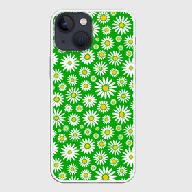 Чехол для iPhone 13 mini с принтом Ромашки на зелёном фоне в Петрозаводске,  |  | chamomile | flower pattern | flowers | green background | summer | texture | зелёный фон | лето | ромашки | текстура | цветочный орнамент | цветы