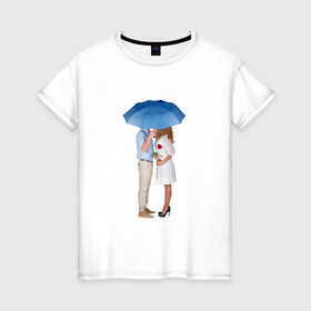 Женская футболка хлопок с принтом Любовь в Петрозаводске, 100% хлопок | прямой крой, круглый вырез горловины, длина до линии бедер, слегка спущенное плечо | женщина | зонтик | любовь | мужчина | пара
