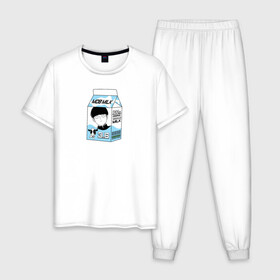 Мужская пижама хлопок с принтом MOB LOVES MILK МОБ ПСИХО 100 в Петрозаводске, 100% хлопок | брюки и футболка прямого кроя, без карманов, на брюках мягкая резинка на поясе и по низу штанин
 | Тематика изображения на принте: 100 | anime | milk | milk package | mob | mob loves milk | mob psycho 100 | psycho | аниме | аниме герои | герои | еспер | кагеяма | кежуал | корова | коровка | манга | моб | моб психо 100 | молоко | пакет молока | психо | сигео | шигео | шигео