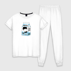 Женская пижама хлопок с принтом MOB LOVES MILK МОБ ПСИХО 100 в Петрозаводске, 100% хлопок | брюки и футболка прямого кроя, без карманов, на брюках мягкая резинка на поясе и по низу штанин | Тематика изображения на принте: 100 | anime | milk | milk package | mob | mob loves milk | mob psycho 100 | psycho | аниме | аниме герои | герои | еспер | кагеяма | кежуал | корова | коровка | манга | моб | моб психо 100 | молоко | пакет молока | психо | сигео | шигео | шигео