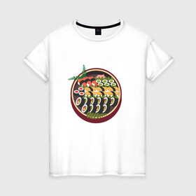Женская футболка хлопок с принтом Сет суши в Петрозаводске, 100% хлопок | прямой крой, круглый вырез горловины, длина до линии бедер, слегка спущенное плечо | гунканы | здоровая пища | роллы | японская еда