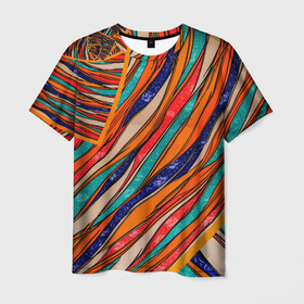 Мужская футболка 3D с принтом Абстрактное течение в Петрозаводске, 100% полиэфир | прямой крой, круглый вырез горловины, длина до линии бедер | абстрактное течение | абстракция | витраж | колейдоскоп | линии | мозаика | палитра | полосы | радуга | текстуры | узор | цвета