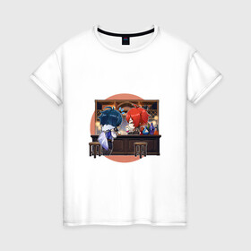 Женская футболка хлопок с принтом Таверна Дилюка и Кэйа в Петрозаводске, 100% хлопок | прямой крой, круглый вырез горловины, длина до линии бедер, слегка спущенное плечо | арт | бар | боевой парень | дилюк | кейа | кэйа | милый парень | рисунок | таверна