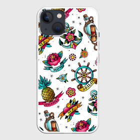 Чехол для iPhone 13 с принтом Old school Sailor в Петрозаводске,  |  | mom | old | old school sailor | pineapple | sailor | school | sea | ананас | бутылка | записка | карта | корабль | мама | моряк | моряк старой школы | набор | орнамент | путешествие | роза | розы | сердце | старая школа