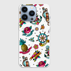 Чехол для iPhone 13 Pro с принтом Old school Sailor в Петрозаводске,  |  | mom | old | old school sailor | pineapple | sailor | school | sea | ананас | бутылка | записка | карта | корабль | мама | моряк | моряк старой школы | набор | орнамент | путешествие | роза | розы | сердце | старая школа