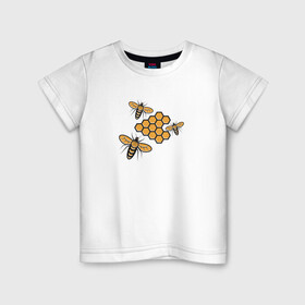 Детская футболка хлопок с принтом Пчелы у сот в Петрозаводске, 100% хлопок | круглый вырез горловины, полуприлегающий силуэт, длина до линии бедер | Тематика изображения на принте: мед | насекомые | пчелы | рисунок | соты
