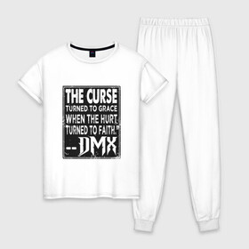 Женская пижама хлопок с принтом DMX - The Curse в Петрозаводске, 100% хлопок | брюки и футболка прямого кроя, без карманов, на брюках мягкая резинка на поясе и по низу штанин | dmx | dog | earl simmons | hip hop | music | new york | rap | rapper | rip | ruff ryders | диэмикс | музыка | нью йорк | пёс | рэп | рэпер | хипхоп | эрл симмонс