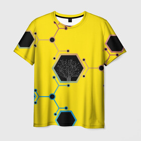 Мужская футболка 3D с принтом Cyborg Q в Петрозаводске, 100% полиэфир | прямой крой, круглый вырез горловины, длина до линии бедер | chip | geometry | дерево | киборг | нейросеть | схема