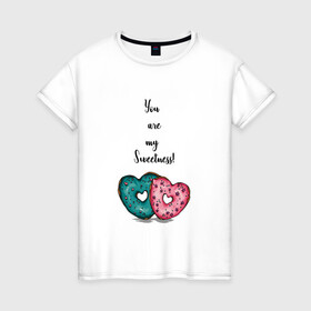 Женская футболка хлопок с принтом Пончики сердце в Петрозаводске, 100% хлопок | прямой крой, круглый вырез горловины, длина до линии бедер, слегка спущенное плечо | глазурь | десерт | надпись | пончики | сердце | сладость