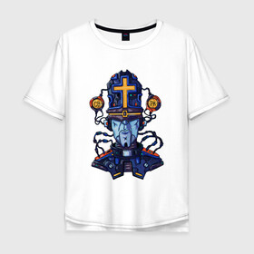 Мужская футболка хлопок Oversize с принтом Пастыри андроид в Петрозаводске, 100% хлопок | свободный крой, круглый ворот, “спинка” длиннее передней части | андроид | крест | меха | пастырь | робо | священник | стимпанк