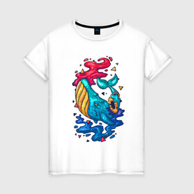 Женская футболка хлопок с принтом Радужный кит в Петрозаводске, 100% хлопок | прямой крой, круглый вырез горловины, длина до линии бедер, слегка спущенное плечо | волны | звезды | кит | море | радужный