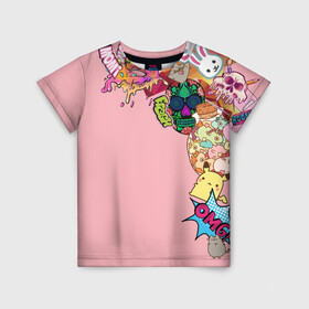 Детская футболка 3D с принтом Sticker boom! в Петрозаводске, 100% гипоаллергенный полиэфир | прямой крой, круглый вырез горловины, длина до линии бедер, чуть спущенное плечо, ткань немного тянется | colors | sticker | наклейки | стикеры | цветной