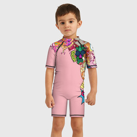 Детский купальный костюм 3D с принтом Sticker boom в Петрозаводске, Полиэстер 85%, Спандекс 15% | застежка на молнии на спине | Тематика изображения на принте: colors | sticker | наклейки | стикеры | цветной