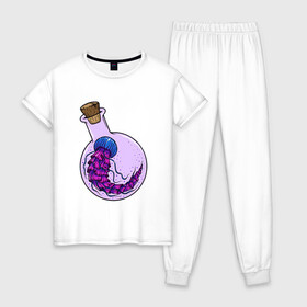 Женская пижама хлопок с принтом Лабораторная медуза в Петрозаводске, 100% хлопок | брюки и футболка прямого кроя, без карманов, на брюках мягкая резинка на поясе и по низу штанин | колба | лабораторная | медуза | пробирка | тропическая | щупальце