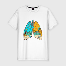Мужская футболка хлопок Slim с принтом Дыхание свободы в Петрозаводске, 92% хлопок, 8% лайкра | приталенный силуэт, круглый вырез ворота, длина до линии бедра, короткий рукав | горы | дыхание | легкие | море | небо | облака | палатка | пальма | туризм