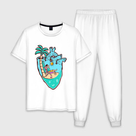 Мужская пижама хлопок с принтом Лето в сердце в Петрозаводске, 100% хлопок | брюки и футболка прямого кроя, без карманов, на брюках мягкая резинка на поясе и по низу штанин
 | лето | отдых | пальма | пляж | сердце | серфинг | солнце