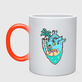 Кружка хамелеон с принтом Лето в сердце в Петрозаводске, керамика | меняет цвет при нагревании, емкость 330 мл | лето | отдых | пальма | пляж | сердце | серфинг | солнце