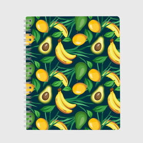Тетрадь с принтом Фрукты в Петрозаводске, 100% бумага | 48 листов, плотность листов — 60 г/м2, плотность картонной обложки — 250 г/м2. Листы скреплены сбоку удобной пружинной спиралью. Уголки страниц и обложки скругленные. Цвет линий — светло-серый
 | avokado | авокадо | бананы | лимоны | фрукты