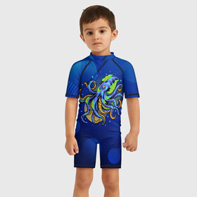 Детский купальный костюм 3D с принтом Красочный Осьминог в Петрозаводске, Полиэстер 85%, Спандекс 15% | застежка на молнии на спине | краски | море | океан | осьминог | подводный мир | щупальцы