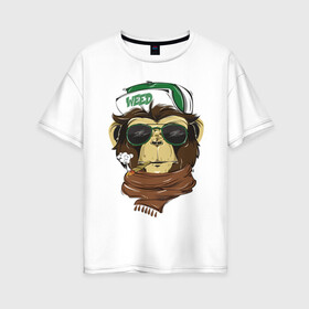 Женская футболка хлопок Oversize с принтом Cool обезьяна в Петрозаводске, 100% хлопок | свободный крой, круглый ворот, спущенный рукав, длина до линии бедер
 | кепка | крутая обезьяна | обезьяна | очки | смешная | шарф