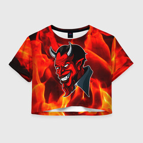 Женская футболка Crop-top 3D с принтом The devil is on fire в Петрозаводске, 100% полиэстер | круглая горловина, длина футболки до линии талии, рукава с отворотами | 666 | fire | lucifer | демон | дьявол | люцифер | монстр | огонь | пламя | сатана | текстура