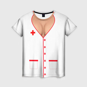 Женская футболка 3D с принтом Халат медсестры в Петрозаводске, 100% полиэфир ( синтетическое хлопкоподобное полотно) | прямой крой, круглый вырез горловины, длина до линии бедер | аниме | врач | грудь | доктор | красный | крест | медик | медицинский | медсестрички | японская