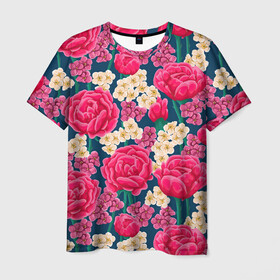 Мужская футболка 3D с принтом Поле роз в Петрозаводске, 100% полиэфир | прямой крой, круглый вырез горловины, длина до линии бедер | арт | белые цветы | белый цветок | красный цветок | поле | поле цветов | рисунок | роза | розы | цветок | цветы