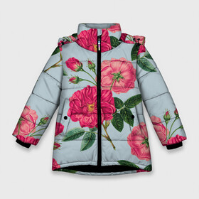 Зимняя куртка для девочек 3D с принтом Чайная роза в Петрозаводске, ткань верха — 100% полиэстер; подклад — 100% полиэстер, утеплитель — 100% полиэстер. | длина ниже бедра, удлиненная спинка, воротник стойка и отстегивающийся капюшон. Есть боковые карманы с листочкой на кнопках, утяжки по низу изделия и внутренний карман на молнии. 

Предусмотрены светоотражающий принт на спинке, радужный светоотражающий элемент на пуллере молнии и на резинке для утяжки. | арт | пион | пионы | поле | поле цветов | рисунок | роза | розовая роза | розовые розы | розовые цветы | розовый цветок | розы | цветок | цветы | чайная роза
