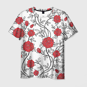 Мужская футболка 3D с принтом Куст роз в Петрозаводске, 100% полиэфир | прямой крой, круглый вырез горловины, длина до линии бедер | арт | красные цветы | красный цветок | куст | куст роз | кусты | листок | листья | поле | поле цветов | рисунок | роза | розы | цветок | цветы | шип | шипы