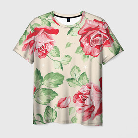 Мужская футболка 3D с принтом Розы в Петрозаводске, 100% полиэфир | прямой крой, круглый вырез горловины, длина до линии бедер | арт | красные цветы | красный цветок | лист | листья | поле | поле цветов | рисунок | роза | розовая роза | розовые розы | розовые цветы | розовый цветок | розы | цветок | цветы