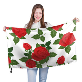 Флаг 3D с принтом Большие розы в Петрозаводске, 100% полиэстер | плотность ткани — 95 г/м2, размер — 67 х 109 см. Принт наносится с одной стороны | арт | белый | большие бутоны | большие розы | большой бутон | зелёный | красная роза | красные розы | красные цветы | красный | красный цветок | листок | листья | поле | поле цветов | рисунок | роза