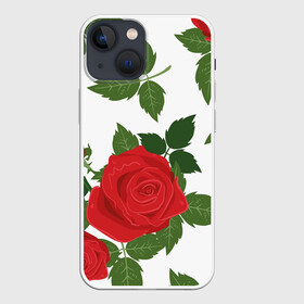 Чехол для iPhone 13 mini с принтом Большие розы в Петрозаводске,  |  | арт | белый | большие бутоны | большие розы | большой бутон | зелёный | красная роза | красные розы | красные цветы | красный | красный цветок | листок | листья | поле | поле цветов | рисунок | роза