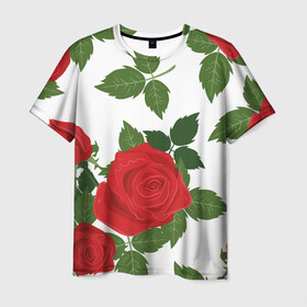 Мужская футболка 3D с принтом Большие розы в Петрозаводске, 100% полиэфир | прямой крой, круглый вырез горловины, длина до линии бедер | арт | белый | большие бутоны | большие розы | большой бутон | зелёный | красная роза | красные розы | красные цветы | красный | красный цветок | листок | листья | поле | поле цветов | рисунок | роза