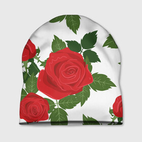 Шапка 3D с принтом Большие розы в Петрозаводске, 100% полиэстер | универсальный размер, печать по всей поверхности изделия | арт | белый | большие бутоны | большие розы | большой бутон | зелёный | красная роза | красные розы | красные цветы | красный | красный цветок | листок | листья | поле | поле цветов | рисунок | роза