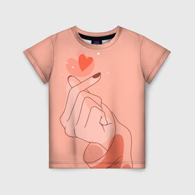 Детская футболка 3D с принтом Саранхэ в Петрозаводске, 100% гипоаллергенный полиэфир | прямой крой, круглый вырез горловины, длина до линии бедер, чуть спущенное плечо, ткань немного тянется | Тематика изображения на принте: k pop | любовь | рука девушки | саранхэ | сердце
