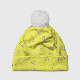 Шапка 3D c помпоном с принтом Желтый и серый | Yellow & gray в Петрозаводске, 100% полиэстер | универсальный размер, печать по всей поверхности изделия | gray | triangle | yellow | желтый | серый | треугольник