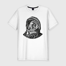 Мужская футболка хлопок Slim с принтом Поехали Ю.Г. в Петрозаводске, 92% хлопок, 8% лайкра | приталенный силуэт, круглый вырез ворота, длина до линии бедра, короткий рукав | moon | арт | гагарин | день космонавтики | звезды | космонавт | космос | лого | луна | небо | планеты
